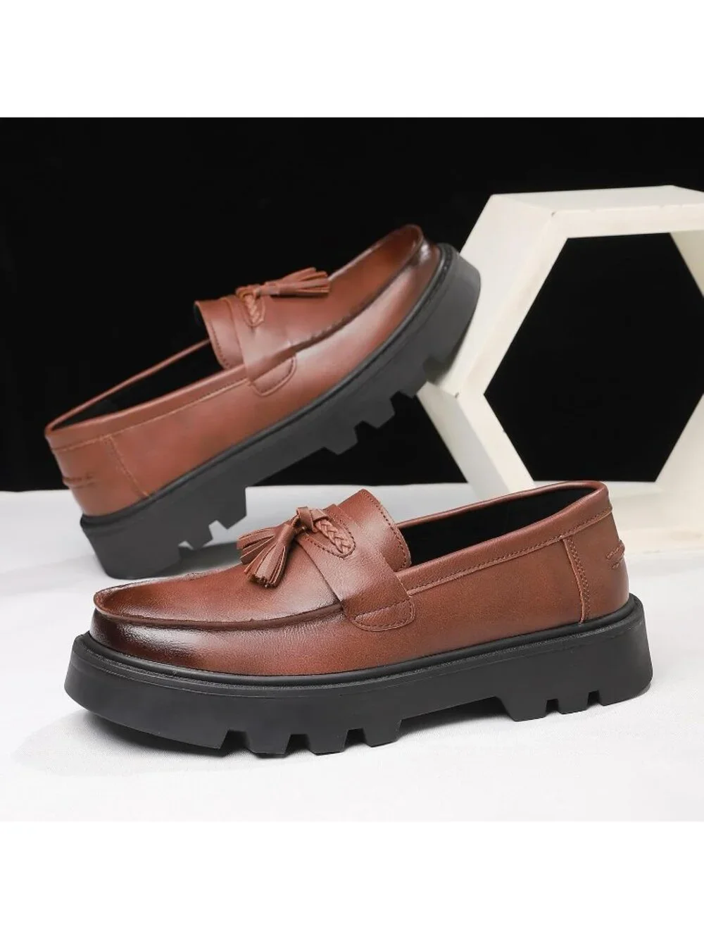Men's Brown Patent Leather Loafers Chunky Heel Tassel Slip On Dress Shoes